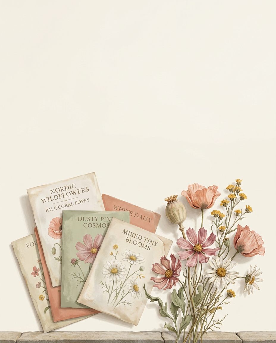 Handskriven väggkalender med fröpåsar och torkade blommor på bord.